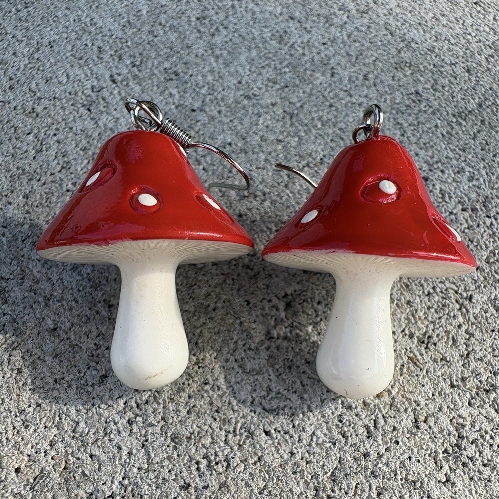 Red Mushroom Toadstool Drop Dangle Earrings Cottagecore Fairycore Whimsical